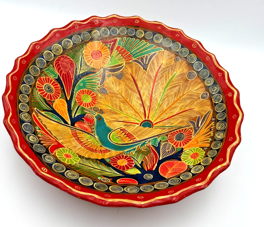 Vintage Clay Mexican Talavera Vibrant Hand Painted Colorful Bird Bowl Red Floral
